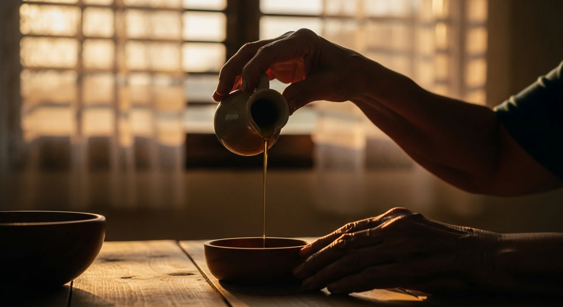 Warm hands pouring olive oil from a small cruet into a wooden bowl in late afternoon light.